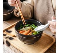 Japanese Ceramic Ramen Bowls, Black with Gold Trim, Large Noodle Soup Bowl Set 2ps, Traditional Wave Pattern, for Asian Cuisine