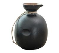 Japanese Ceramic Sake Jug 300ml with Wooden Base for Serving | Black Vintage Style, Two-part Design for Hot Water or Ice, Home Bar Decor and Rice Wine Use