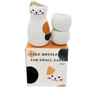 Japanese Ceramic Sake Set - Calico Cat Bottle and 2 Cups - 3 Pieces Gift Set Serving Carafe