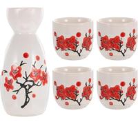 Japanese Ceramic Sake Set with Red Cherry Blossom Design, 1 Bottle and 4 Cups, Premium Ceramic Material, 12.5cm Bottle (Red)