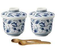 Japanese Chawan-mushi Cups with Lid and Spoon, 3.27 x H2.95 Inches, 8.3 fl. Ounces,Traditional Japanese Leaf Arabesque Pattern, Mino Ware, Set of 2, from Japan M2202