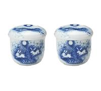 Japanese Chawan-mushi Cups with Lid and Spoon Mino Ware Rabbits pattern Blue and White, Set of 2 TG16724 from Japan
