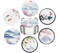 Japanese Cherry Blossom and Fujiyama Mountain 6Pack Ceramic Drink Coasters,Quick-Absorb Stone Coasters with Anti-Slip Cork Backing & Metal Holder, Table Protectors for Kitchen Bar
