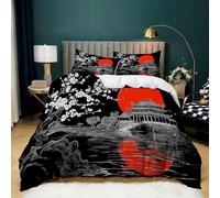 Japanese Cherry Blossom Architecture Duvet Cover Set King Size, Black Print Bedding 3Pcs with 2 Pillowcases, Microfiber Comfortable Breathable Quilt Cover 230x220 cm for Kids Boys Girls Adults
