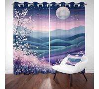 Japanese Cherry Blossom Blackout Curtains Nature Full Moon Thermal Insulated Soundproof Energy Saving Drapes 2 Panels Eyelet Curtains for Living Room Bedroom and Kitchen Darkening Window Treatments