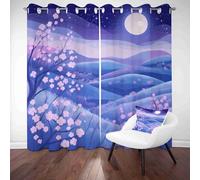 Japanese Cherry Blossom Blackout Curtains Nature Full Moon Thermal Insulated Soundproof Energy Saving Drapes 2 Panels Eyelet Curtains for Living Room Bedroom and Kitchen Darkening Window Treatments