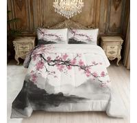 Japanese Cherry Blossom Coverless Duvet Double, Asian Oriental Ink Painting Reversible Comforter Set 3 Pcs, 2 Pillowcases, Bedroom Decor, 10.5 Tog Soft Lightweight Warm All Seasons BZ-L1033