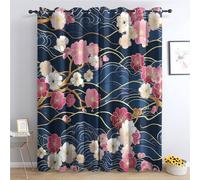 Japanese Cherry Blossom Curtain Blackout, Floral Flower Wave Curtains 42x84, Living Room & Bedroom Decor Drapes, Thermal Insulated Eyelet Navy Blue Window Treatments 84 Drop, 2 Panels