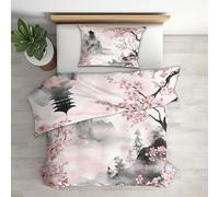 Japanese Cherry Blossom Double Duvet Cover - Oriental Asian Bedding & Bedroom Decor, Super Soft Microfiber Quilt Cover and 2 Pillowcases, with Zip, Reversible Design