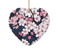 Japanese Cherry Blossom Floral Ceramic Christmas Tree Ornament, Double-Sided Printed Heart Shape Porcelain Hanging Decoration, Elegant Holiday Keepsake for Xmas Tree Home Office Gift Exchange