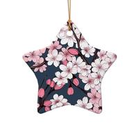 Japanese Cherry Blossom Floral Ceramic Christmas Tree Ornament, Double-Sided Printed Star Shape Porcelain Hanging Decoration, Elegant Holiday Keepsake for Xmas Tree Home Office Gift Exchange