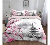 Japanese Cherry Blossom king Size Duvet Cover Sets Reversible, 3D Japanese Landscape Lightweight Bedding Sets Soft Microfibre Quilt Cover 240x220 cm with 2 Pillowcases 2855-ABC
