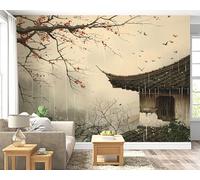 Japanese Cherry Blossom Retro Architecture Wall Mural, Self-Adhesive Peel & Stick Wallpaper, Watercolor House Design Photo Wallpaper for Living Room & Bedroom (150x100 cm), F-16