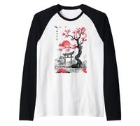 Japanese Cherry Blossom Torii Gate Red Sun Zen Sumi-e Ink Raglan Baseball Tee