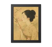 Japanese Cherry Blossom Traditional Art Print, Vintage Style Wall Decor with Black Frame (12"x16")