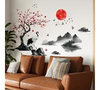 Japanese Cherry Blossom Wall Decal, Red Sun Mountain Landscape with Crane, 120 x 75 cm, Traditional Asian Art Sticker