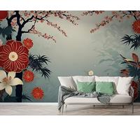 Japanese Cherry Blossom Wall Mural, Self-Adhesive Peel & Stick Wallpaper, Botanical Watercolor Design Photo Wallpaper for Living Room & Bedroom (300x210 cm), F-281