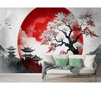 Japanese Cherry Blossom Wall Mural, Self Adhesive Wallpaper Peel and Stick, Architecture Red Sun Home Decor Photo Wallpaper, Silk Cloth Wall Sticker for Living Room & Bedroom, 450x315 cm - F-201
