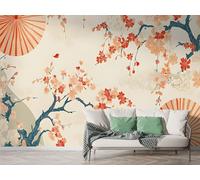 Japanese Cherry Blossom Wall Mural, Self Adhesive Wallpaper Peel and Stick, Watercolor Flowers Home Decor Photo Wallpaper, Silk Cloth Wall Sticker for Living Room & Bedroom, 400x280 cm - F-301