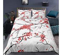 Japanese Cherry Blossoms Bedding Set,Girls Romantic Floral Tree Red Falling Flower Branches Twigs Print,Decorative 3 Pieces Comforter Cover Double Size (1 Duvet Cover Set & 2 Pillow Shams),Zipper