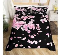 Japanese Cherry Blossoms Duvet Cover,Pink Sakura Flowers Branch King Comforter Cover,Pale Floral Quilt Cover,Spring Botanical Bedspread Cover for Girls Bedroom Decor,2 Pillow Cases,Black