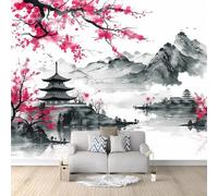 Japanese Cherry Blossoms On White Background Theme Photo Wallpaper - 200x140 cm Non-Woven Premium Fleece Wall Mural - Traditional Oriental Ink Painting Style Bedroom Living Room Decoration Poster