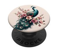 Japanese Cherry Blossoms Peacock Watercolor Artwork PopSockets Adhesive PopGrip