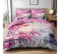 Japanese Cherry Blossoms Reversible Double Duvet Cover, 3D Japanese Landscape Lightweight Bedding Sets Soft Microfibre Quilt Cover 155x220 cm with 2 Pillowcases 4643-ABC