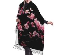 Japanese Cherry Flowers Print Print Faux Cashmere Fringe Shawl - Warm Winter Scarf For Women, Soft Cozy Wrap For Cold Weather