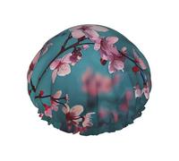 Japanese Cherry Flowers Print Shower Cap for Women Men, Reusable Double-Layer Fabric Bathing Cap Girls Hair Caps, 27 CM