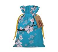 Japanese Cherry Flowers Printed Christmas Drawstring Bags with Yellow Christmas Ribbon - Reusable Burlap Drawstring Gift Pouches, M