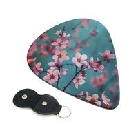 Japanese Cherry Flowers Printed Guitar Picks, 6 Pack with Leather Keychain Pick Holder - 0.46mm, 0.71mm, 0.96mm Assorted Thickness for Acoustic Ukulele, Electric Guitar, Acoustic Guitar, Bass