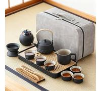 Japanese Chinese Tea Set, 14Pcs Gongfu Teapot Set with 6 Small Cups, Canister Tray Strainer, Traditional Kung Fu Tea Ceremony Kit Portable Ceramic Tea Service for Home Office Travel Gifting, Black