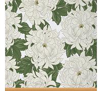 Japanese Chrysanthemum Fabric by The Yard, Romantic Floral, Leaves Upholstery, Retro Petals Decorative, Botanical DIY Indoor Outdoor, Green White, 1 Yard