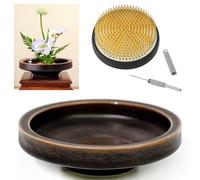 Japanese Classical Ikebana Vase Kit, Minimalist Ceramics Flower Pot Flower Shallow Container with 2.4inch Flower Frog and 2-in-1 Flower Arrangement Kenzan Needle Straightening Tool