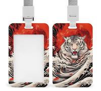 Japanese Cool Tiger Wave Funny ID Badge Holder with Detachable Neck Lanyards Vertical Card for Offices Men Women