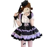 Japanese Cosplay Sweet Ruffle Lolita Cute Skirts Teen Girls Lace Bow Party Costume Elastic Waist Suspender Skirt with Belt, Purple, Medium