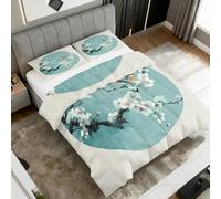 Japanese Coverless Duvet Super King, Reversible Patterned Design, Cherry Blossom Bird Quilt & 1 Pillow Case for Bedroom Decor, 10.5 Tog Soft Microfibre Comforter Washable, All Seasons #y457