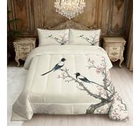 Japanese Coverless Duvet Super King Size, Floral Bird Asian Reversible Comforter Set 3 Pcs, 2 Pillowcases, Bedroom Decor, 10.5 Tog Soft Lightweight Warm All Seasons BZ-US1185