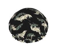 Japanese Crane And Pine Luxury Reusable Shower Cap For Women, Double Layer Protective Elastic For Ladies Salon Spa