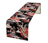 Japanese Crane Bird Table Runner, Oriental Pink Cherry Blossoms Flower Retro Luxury Line Art Table Runner for Kitchen Dining Table Party Decor, 13x108inch