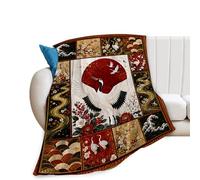 Japanese Crane Blanket for Women Men, Red Sun Cherry Blossom Wave Patchwork Soft Fleece Throw Blanket, Asian Zen Art Gifts Stuff Cozy Flannel Warm Lightweight Blankets for Girls 40"X50"