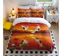 Japanese Crane Duvet Cover Set, Oriental Sunrise Sun Chrysanthemum Bedding, 3-Piece Traditional Waves Quilt Cover, Multi-size Selection (04,King + 50 x 75cm x2)
