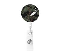 Japanese Crane & Pine Badge Reel Retractable Badge Holder with Keychain Id Clips for Badges Lightweight Plastic Name Card Holders for Nurses Office Teacher