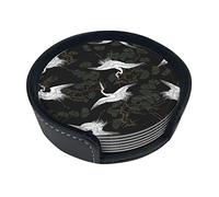 Japanese Crane & Pine Coasters For Drinks, 6 Pcs Leather Coaster With Holder, Round Cup Mat Pad Set For Home Office Table Decoration