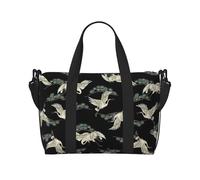 Japanese Crane & Pine Print oblique across Hand Travel Bag Polyester Women Men Overnight Duffel Carry-on Tote Bag, Black, One Size, Black, One Size