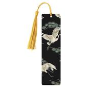 Japanese Crane & Pine Print Wooden Bookmark with Tassel, Exquisite Pattern Ideal Gift for Book Lovers, for Home Office Library