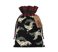 Japanese Crane & Pine Printed Gift Bags with Drawstring - Christmas Party Holiday Sacks - Festive Pouches for Goodie, Treats
