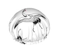 Japanese Crane print Shower Cap for Women Double Layer Elastic Bath Cap for Home Spa Hotel and Hair Salon