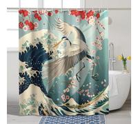 Japanese Crane Shower Curtain, Blue Beige Crane Cherry Blossom Wave Spring Stylish Modern Waterproof Fabric Shower Curtain Set with Hooks for Bathroom Decor 72x72 Inch